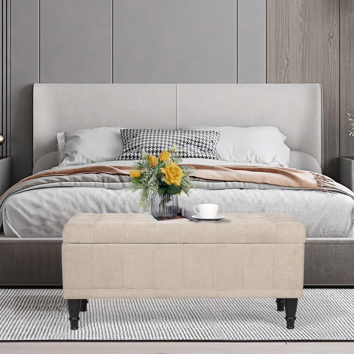 Storage Ottoman Linen Fabric Upholstered Tufted Bench with Wood Legs, Rectangular Coffee Table Footstool for Bedroom Living Room Entryway (Beige)