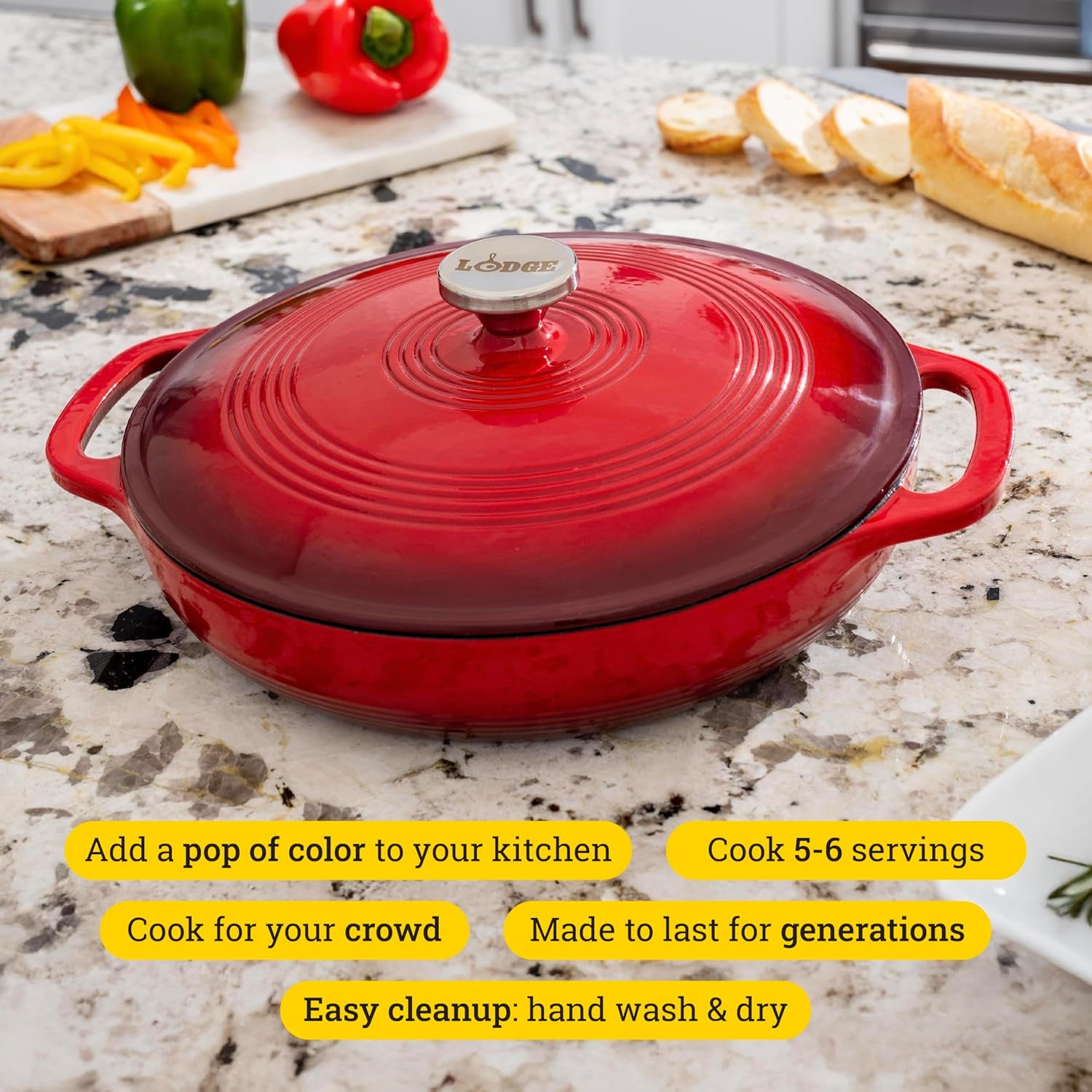 Essential Enamel Braiser - Refrigerator- & Oven-Safe up to 500° F - Heat-Retaining, Induction-Safe & Pfas-Free Enamel Cookware - 3.5 Quart, Island Spice Red