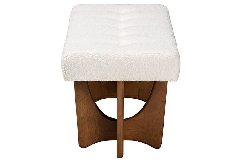 Theo Japandi Cream Boucle Fabric and Walnut Brown Finished Wood Bench
