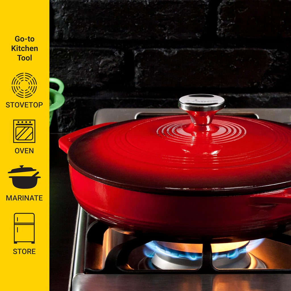 Essential Enamel Braiser - Refrigerator- & Oven-Safe up to 500° F - Heat-Retaining, Induction-Safe & Pfas-Free Enamel Cookware - 3.5 Quart, Island Spice Red