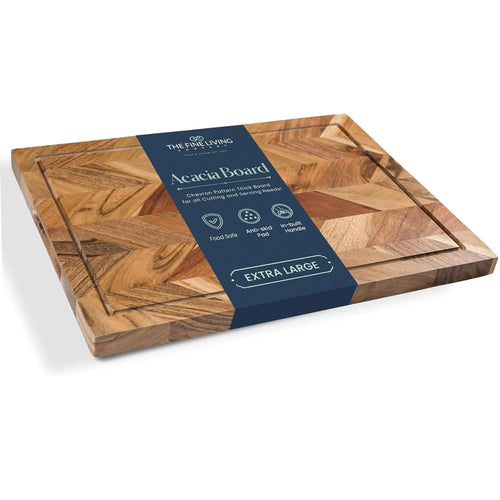 The Fine Living Co. Large Cutting Board Acacia Wood Meat Chopping Board Butcher Block with Juice Groove Chevron Chequered Style 1 Thick & Food Grade Serving Board 16 X12