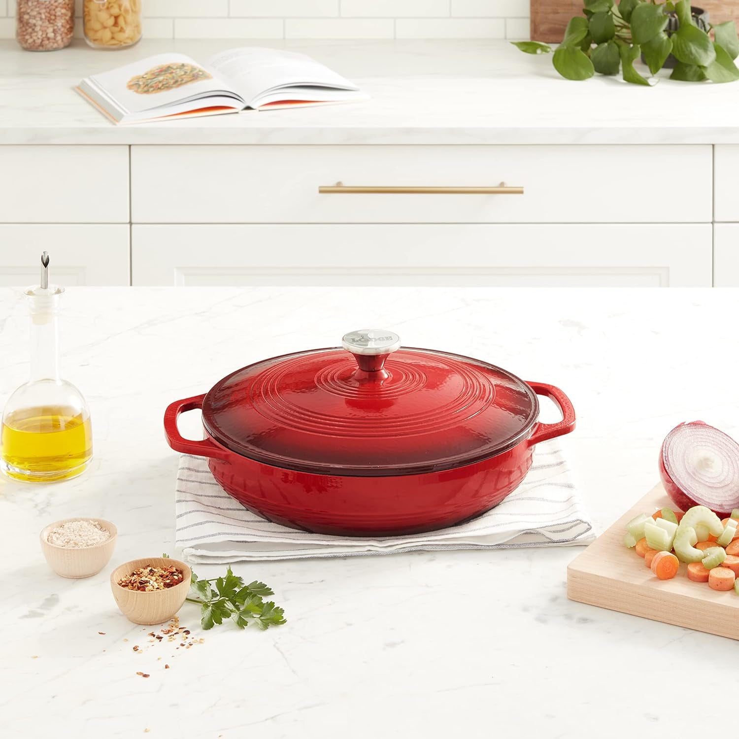 Essential Enamel Braiser - Refrigerator- & Oven-Safe up to 500° F - Heat-Retaining, Induction-Safe & Pfas-Free Enamel Cookware - 3.5 Quart, Island Spice Red