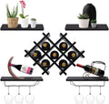 Wine Rack Wall Mounted Set of 5, Wood Wall Wine Shelf Racks with Glass Holder and Stemware Hanger, Wooden Hanging Wine Rack, Wine Storage Display Shelf for Home Bar Kitchen Dining Room, Black